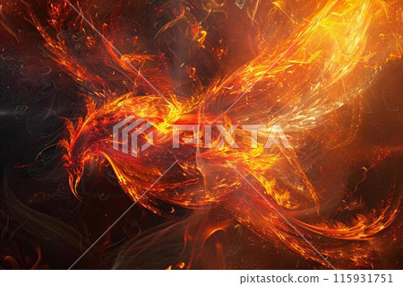 A dynamic and vibrant abstract digital artwork depicting a fiery phoenix rising, with swirls of bright orange, red, and yellow flames against a dark backdrop by Generative AI A dynamic and vibrant abstract digital artwork depicting a fiery phoenix rising, with swirls of bright orange, red, and yellow flames against a dark backdrop by Generative AI 115931751