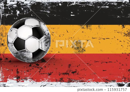 The image showcases a soccer ball prominently displayed in front of a worn and artistic rendition of the German flag, symbolizing the sport's connection to the country by Generative AI 115931757
