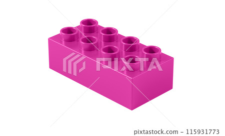 Fuchsia Plastic Lego Block Isolated on a White Background. Children Toy Brick, Perspective View. Close Up View of a Game Block for Constructors. 3D Rendering. 8K Ultra HD, 7680x4320, 300 dpi 115931773