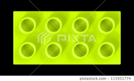 Lime Green Lego Block Isolated on a Black Background. Close Up View of a Plastic Children Game Brick for Constructors, Top View. High Quality 3D Rendering with a Work Path. 8K Ultra HD, 7680x4320 115931774
