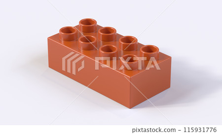 Burnt Orange Plastic Lego Block on a White Background. Children Toy Brick, Perspective View. Close Up View of a Game Block for Constructors. 3D rendering. 8K Ultra HD, 7680x4320, 300 dpi 115931776