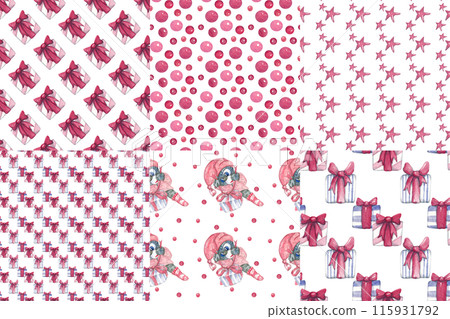 Six decorative, complementary prints: cartoon character, confetti, stars and gifts. Festive Christmas seamless patterns for fabric, tableware, wallpaper. Pink watercolor texture Six decorative, complementary prints: cartoon character, confetti, stars and gifts. Festive Christmas seamless patterns for fabric, tableware, wallpaper. Pink watercolor texture 115931792