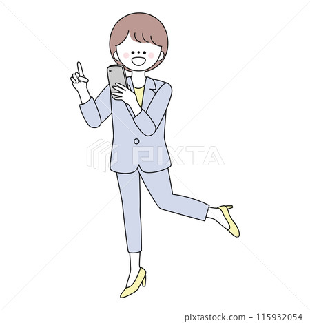 穿著西裝的行動女性操作智慧型手機的插圖 穿著西裝的行動女性操作智慧型手機的插圖 115932054