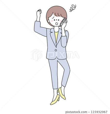 Illustration of a woman in a suit raising her fist in frustration while on the phone 115932067
