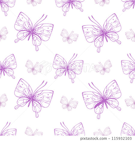 Butterflies are pink, blue, lilac, flying, delicate line art, clip art. Graphic illustration hand drawn in pink, lilac ink. Seamless pattern EPS vector. 115932103