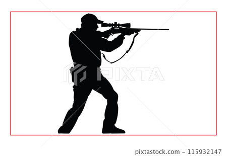 Black silhouette of hunter, Sport of Hunting Silhouette Vector Art with Rifles and Shotguns, 115932147