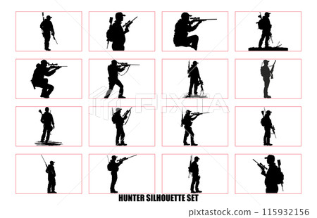 Black silhouette set of hunter, Sport of Hunting Silhouette Vector Art with Rifles and Shotguns, 115932156