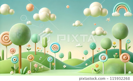 Candy trees and rainbow skies, a fairy tale land of dreams 115932268