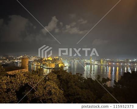 Panoramic night view of the city of Valetta, Malta right after fireworks. 115932373