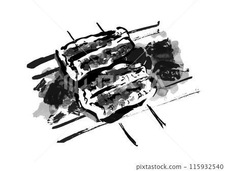 手繪的日式毛筆插圖，描繪了串在木炭上烤的烤鰻魚。 115932540