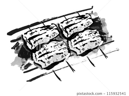 手繪的日式畫筆插圖，描繪了在木炭上烤的串鰻。 115932541