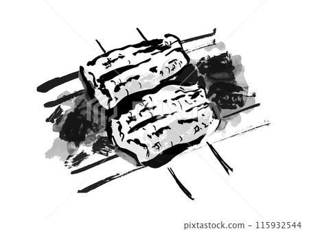 A hand-drawn Japanese-style brush-drawn illustration of skewered eel grilled over charcoal A hand-drawn Japanese-style brush-drawn illustration of skewered eel grilled over charcoal 115932544