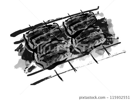 手繪的日式毛筆插圖，描繪了串在木炭上烤的烤鰻魚。 115932551