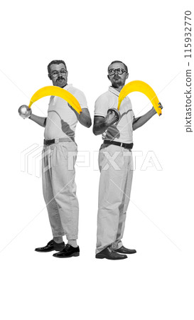 Poster. Contemporary art collage. Two men, fencers stands back to back in retro attire with bananas instead of swords. 115932770