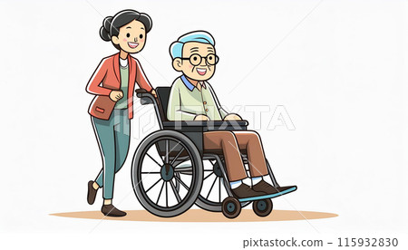 Daughter caring for wheelchair-bound parent Daughter caring for wheelchair-bound parent 115932830