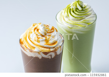 Caramel frappe and matcha frappe on white background Caramel frappe and matcha frappe on white background 115932861