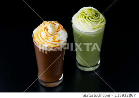 Caramel frappe and matcha frappe on black background Caramel frappe and matcha frappe on black background 115932867