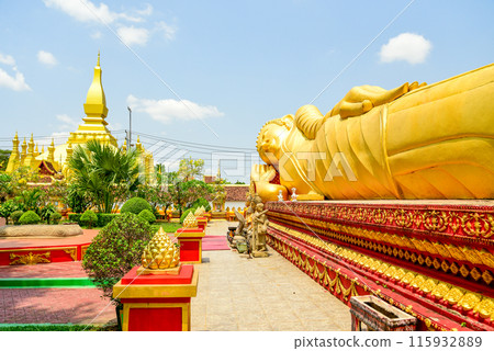 A very beautiful view of Wat That Khao, famous for its giant reclining Buddha in Vientiane, the capital of Laos. A very beautiful view of Wat That Khao, famous for its giant reclining Buddha in Vientiane, the capital of Laos. 115932889