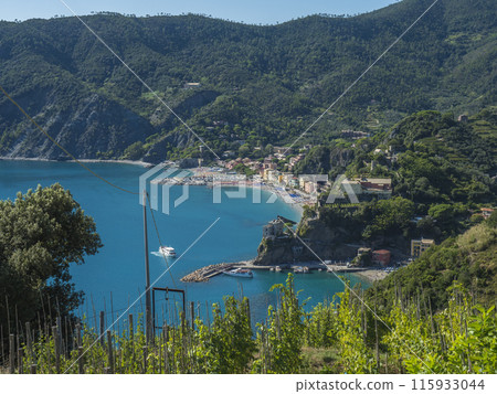 Picturesque distant view of Monterosso al Mare with beach, ships and boats seen from Azure Trail to Vernazza with green cliffs, rock, clear blue sky and sea. National park Cinque Terre, Liguria, Italy Picturesque distant view of Monterosso al Mare with beach, ships and boats seen from Azure Trail to Vernazza with green cliffs, rock, clear blue sky and sea. National park Cinque Terre, Liguria, Italy 115933044
