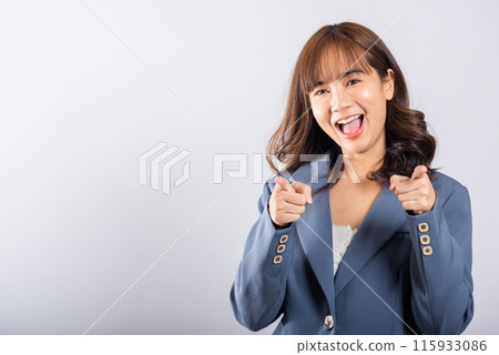 Woman excited smiling makes finger two gun gesture to camera isolated white background, Happy Asian portrait beautiful young female says you are chosen ll kill you or what up man with cheeky Woman excited smiling makes finger two gun gesture to camera isolated white background, Happy Asian portrait beautiful young female says you are chosen ll kill you or what up man with cheeky 115933086
