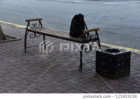 A black wooden bench in the city in the evening. A place to relax in the park. A black wooden bench in the city in the evening. A place to relax in the park. 115933239