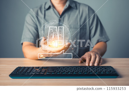 Digital Artificial Intelligence (AI) technology disruption concept.man use smartphone command prompt Ai chat. Big data storage.Innovative technology Machine learning support in the business. 115933253