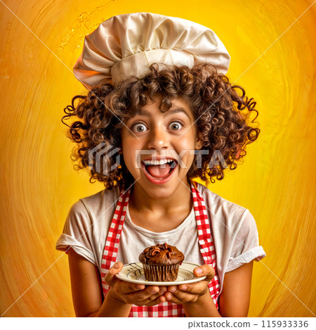 Young girl holding plate with cupcake on top of it. 115933336