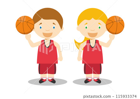 Sports vector illustrations: Basketball male and female cartoon characters 115933374