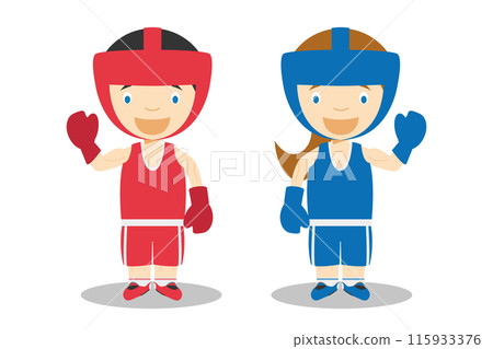 Sports vector illustrations: Boxing male and female cartoon characters Sports vector illustrations: Boxing male and female cartoon characters 115933376