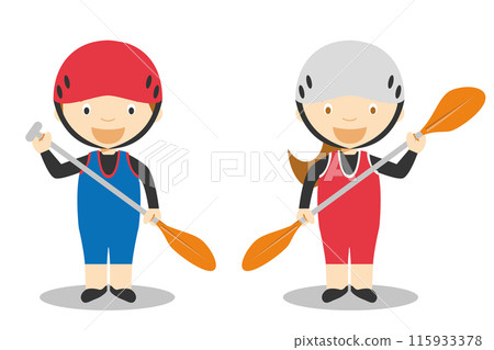 Sports vector illustrations: Canoe Slalom male and female cartoon characters 115933378
