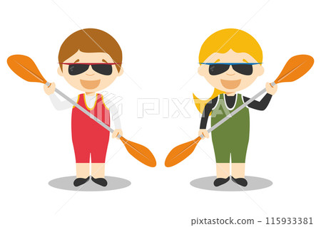 Sports vector illustrations: Canoe Sprint male and female cartoon characters 115933381