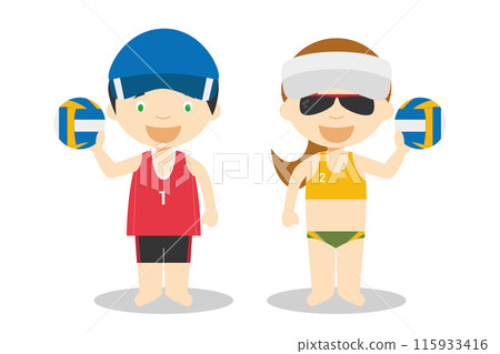 Sports vector illustrations: Beach Volley male and female cartoon characters Sports vector illustrations: Beach Volley male and female cartoon characters 115933416