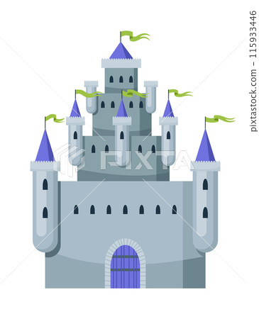 Fairy tale castle. Medieval royal mansion architecture. Beautiful fairy-tale tower for princess, historic fortified building. Knight castle, imagination concept. Isolated cartoon vector illustration 115933446
