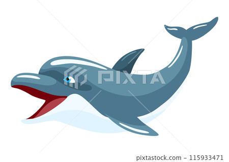 Dolphin cartoon character. Ocean mammal in motion isolated on white. Wild nature animal. Vector illustration of sea life blue fish 115933471