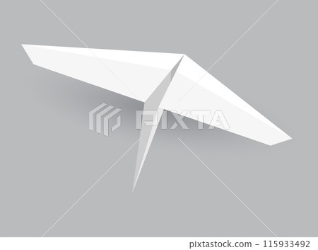 Paper plane model. Origami handmade aircraft view. Vector white paper airplane with shadow, isolated on gray background 115933492