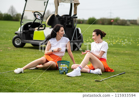 Beautiful women golfers sitting by the golf cart on the green lawn 115933594