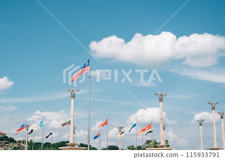 National flags at Masjid Putra Mosque Square in Putrajaya, Malaysia National flags at Masjid Putra Mosque Square in Putrajaya, Malaysia 115933791