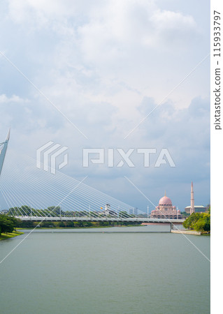 View of Masjid Putra Mosque and Seri Wawasan Bridge in Putrajaya, Malaysia View of Masjid Putra Mosque and Seri Wawasan Bridge in Putrajaya, Malaysia 115933797
