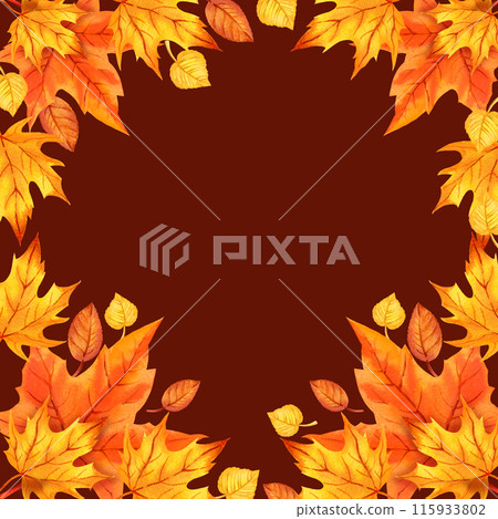 watercolor square frame with autumn leaves, orange maple leaves, hand drawn illustration of yellow and orange autumn leaves, sketch on brown background, for autumn posters 115933802