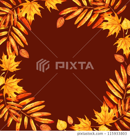 watercolor frame with autumn leaves, hand drawn illustration of yellow and orange maple leaves, mountain ash leaves, sketch on brown background 115933803