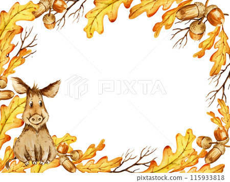 watercolor cartoon boar with autumn leaves and seeds, hand drawn illustration of yellow and orange oak leaves and acorns, sketch isolated on white background, autumn frame, template 115933818