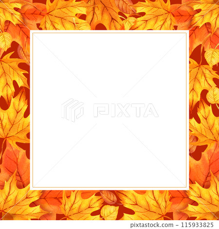 watercolor white frame with autumn leaves, orange maple leaves, hand drawn illustration of yellow and orange autumn leaves, sketch on brown background, for autumn posters 115933825