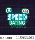 Neon speed dating lettering poster. Isolated illustration on brick wall background. 115933863
