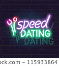 Neon speed dating lettering poster. Isolated illustration on brick wall background. 115933864