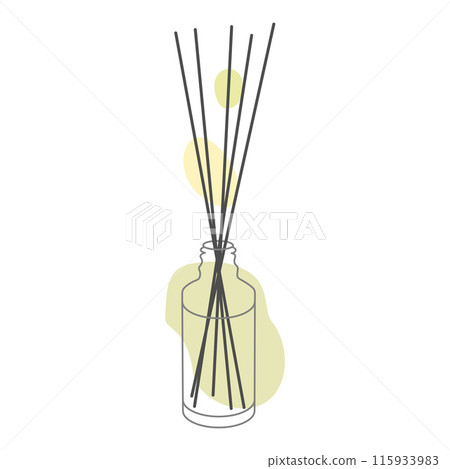 Aromatherapy. Aroma diffuser with Bamboo sticks. Vector Linear Illustration with Abstract color Shapes. Aromatic essential oil. Line art Home Perfume isolated on White background. 115933983