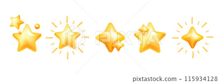 3D star icon set, cosmic sticker, yellow y2k trendy sky vector plastic holiday decor collection kit. 115934128