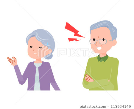An elderly senior couple. He questions her fiercely. An elderly senior couple. He questions her fiercely. 115934149