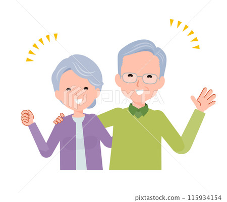 老人高級夫婦男人和女人。微笑著擺出姿勢，雙手摟住彼此的肩膀。 115934154