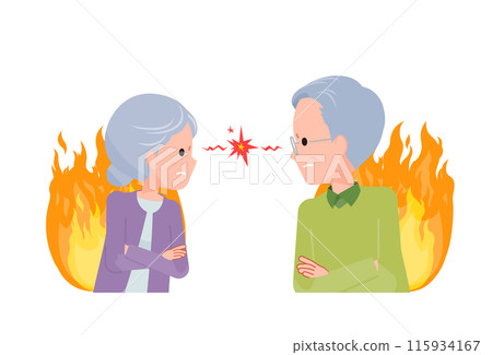 An elderly senior couple. They are glaring at each other during a fight that is about to explode. 115934167