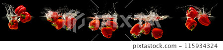 Group of bell pepper falling in water with splash on black background 115934324